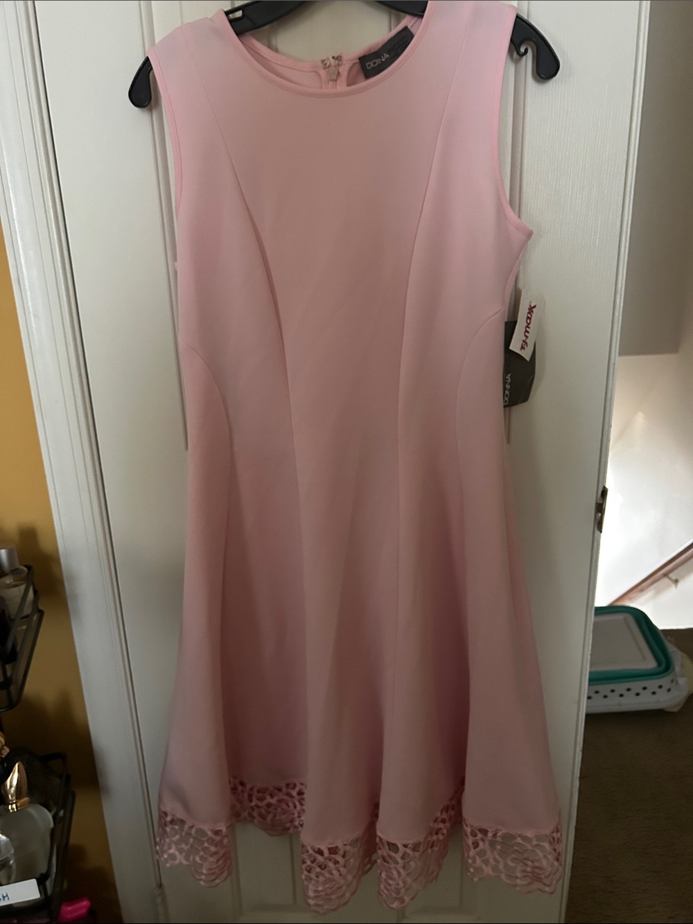 Donna Ricco Light Pink Sleeveless A-Line Midi Dress with Lace Trim
